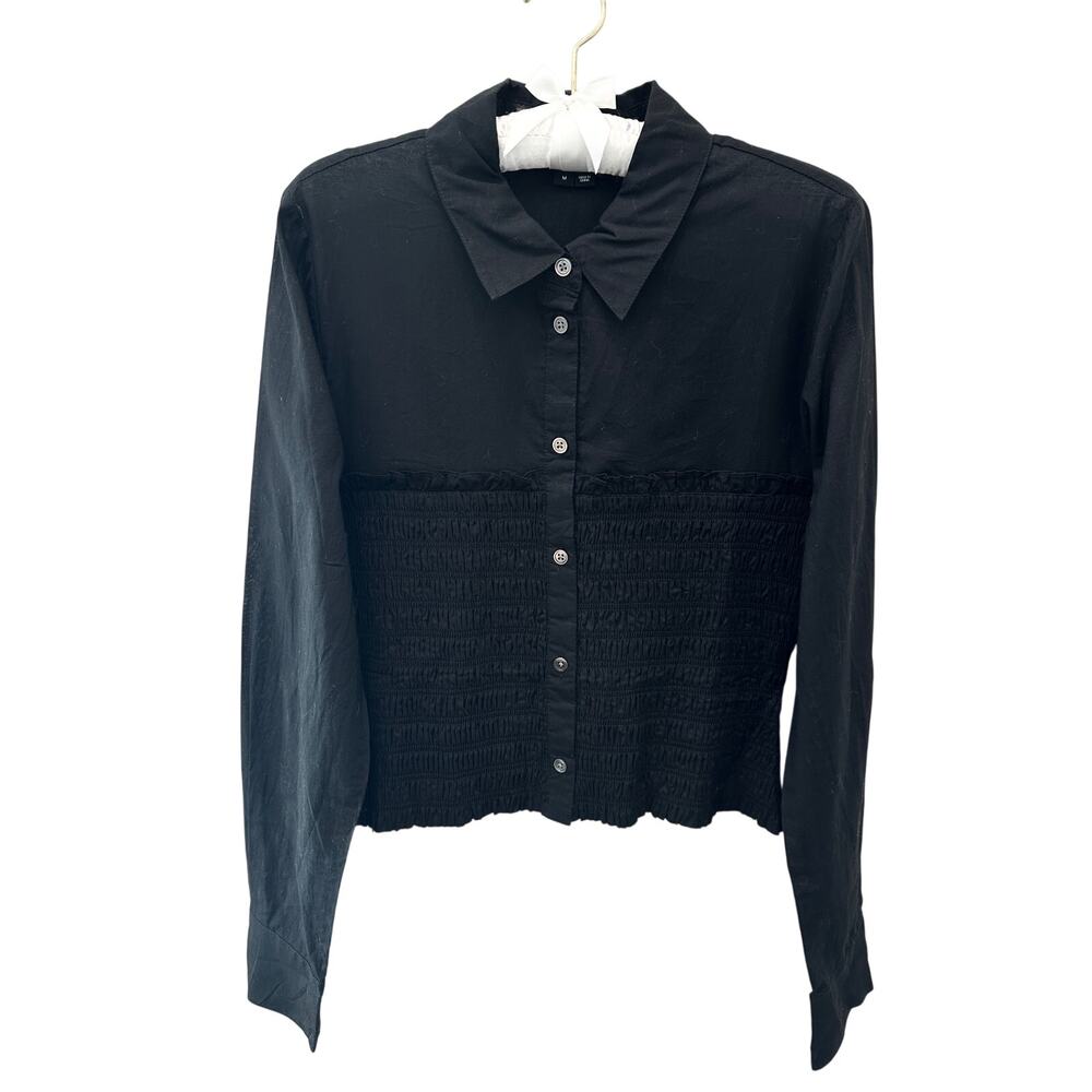 VERONICA BEARD Emersyn Shirt Black Smocked Waist Button Up Blouse Top | Medium
